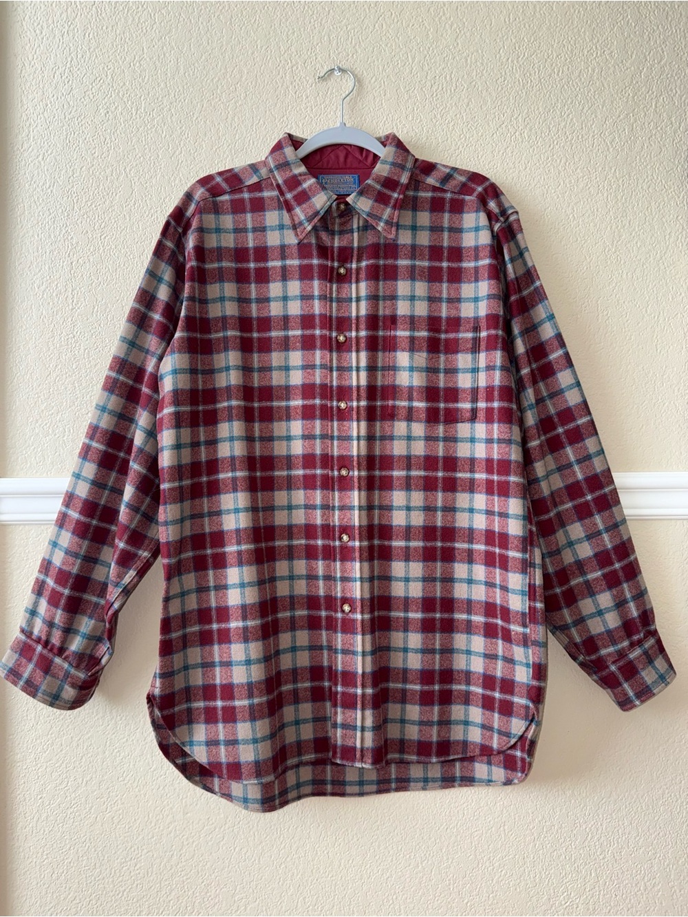 VTG 80’s Pendleton 100% Virgin Wool Men’s Button Down Shirt Burgundy Tartan L